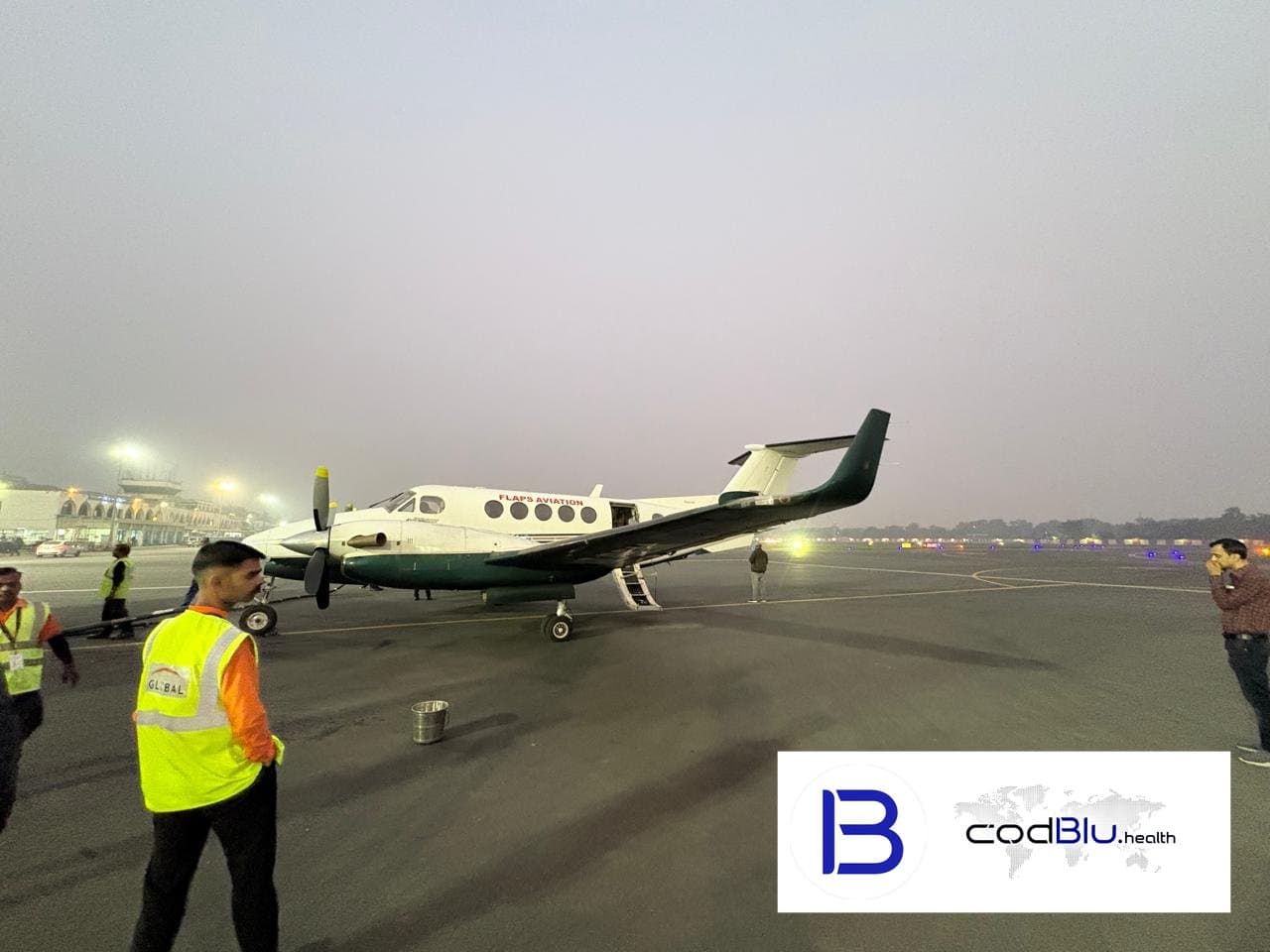 Charter air ambulance aircraft prepared for an early-morning patient departure