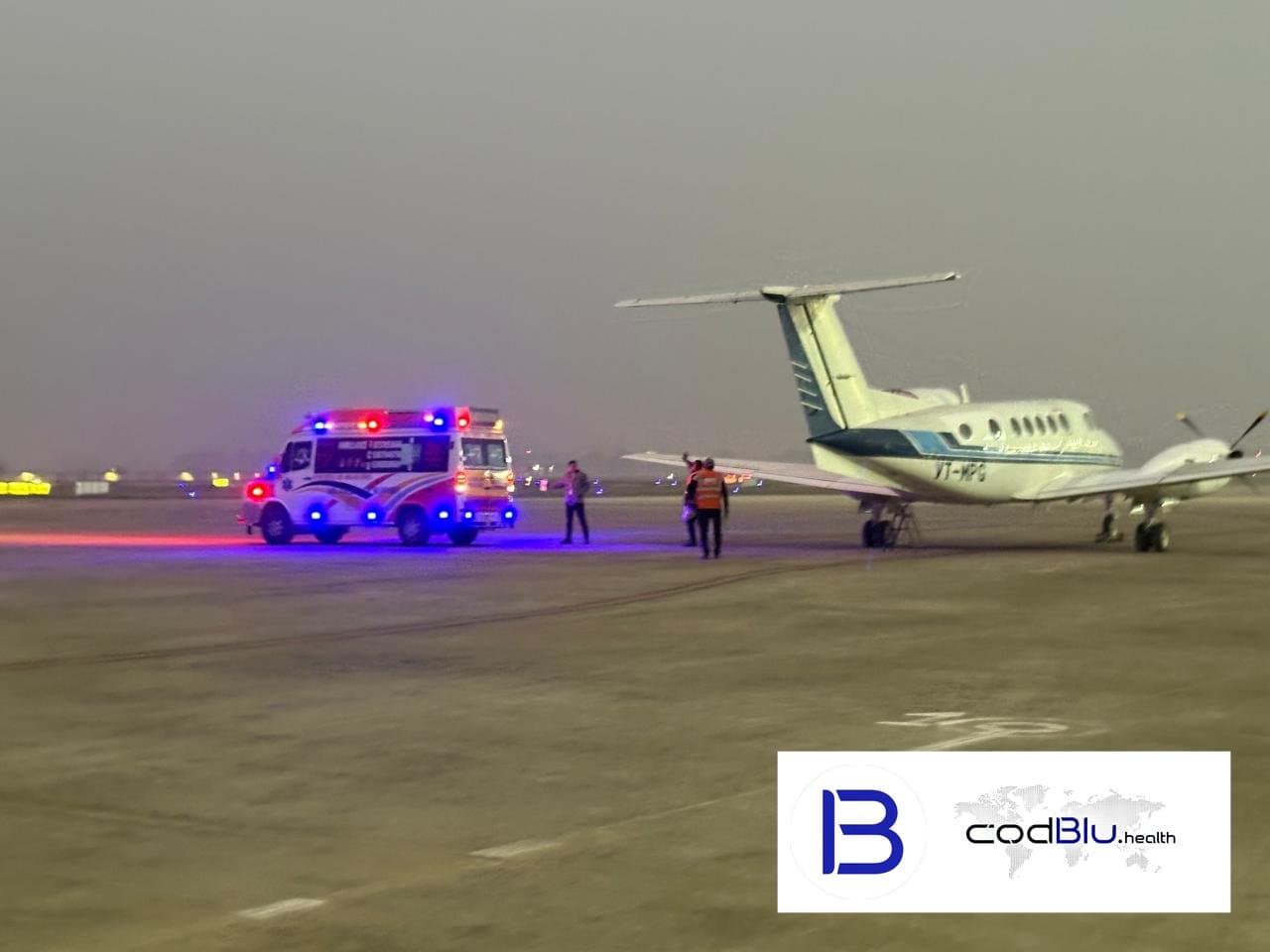 CodBlu Healthcare ICU road ambulance meeting a charter air ambulance on the tarmac for a patient transfer