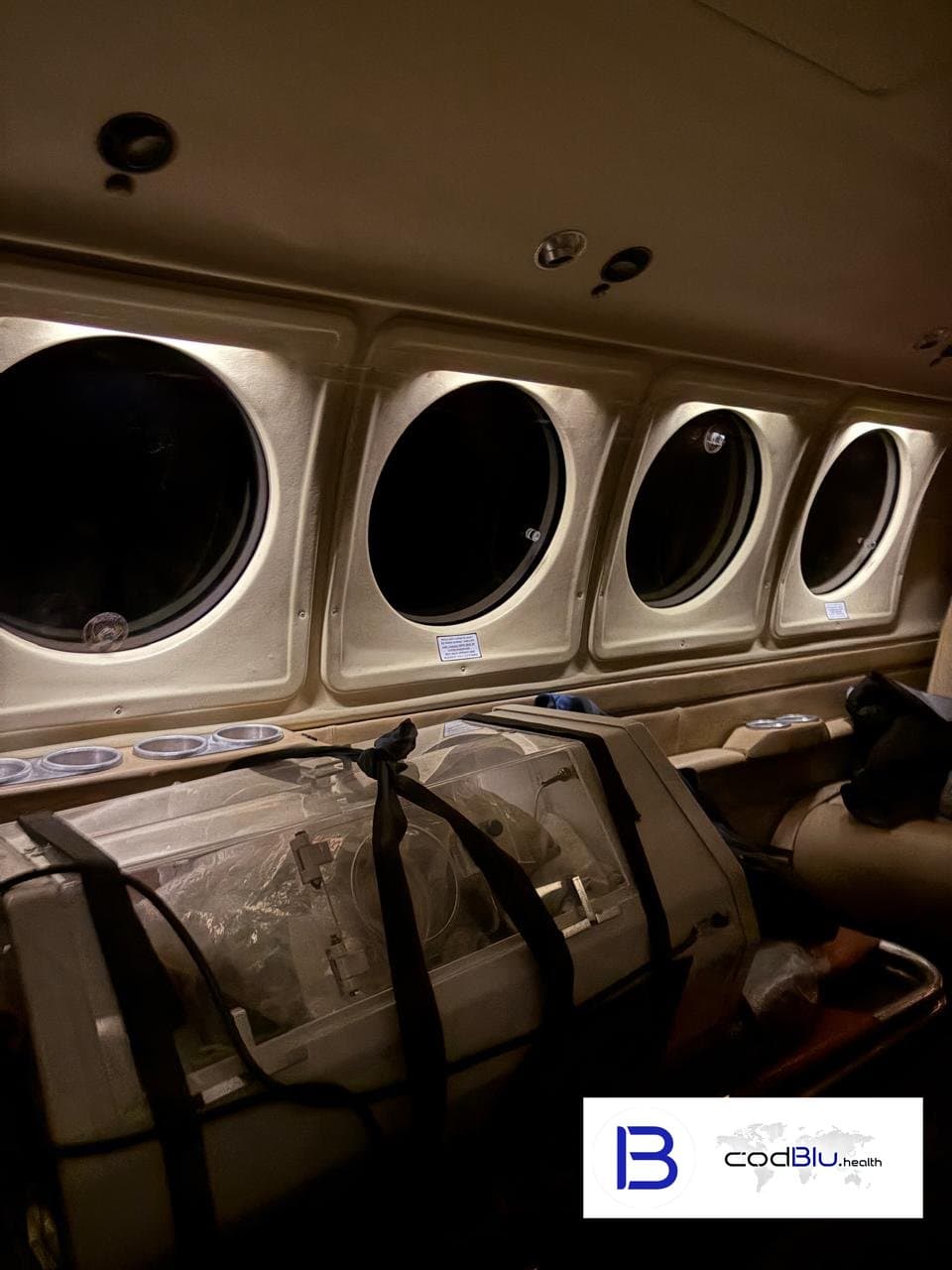 Neonatal transport incubator on board an air ambulance for a newborn transfer