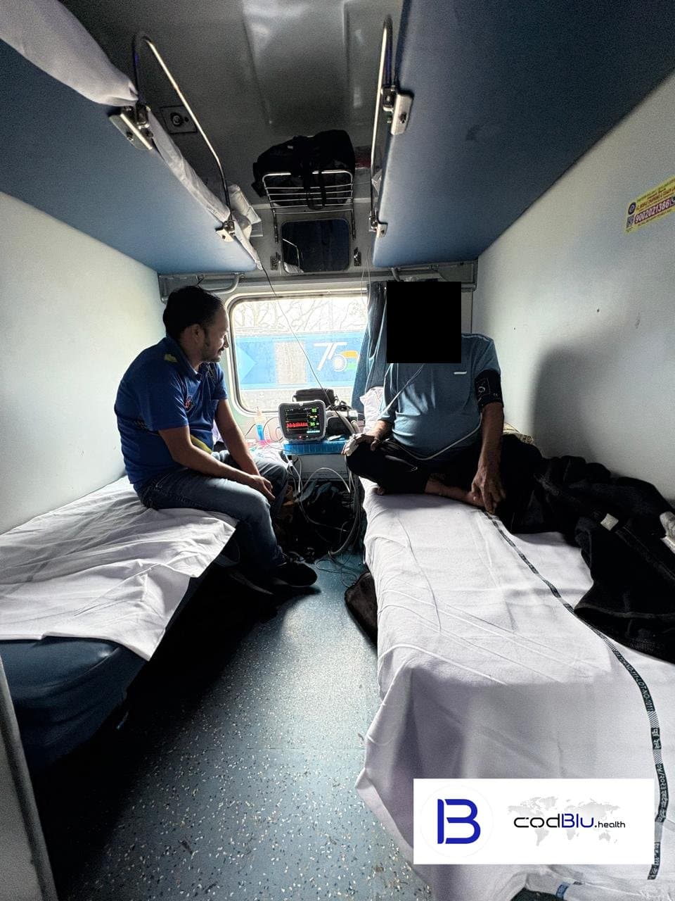 Rail ambulance patient with monitoring in an AC train coach